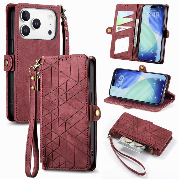 幾何拉鍊錢包側扣皮革手機殼，適用於 iPhone 17e / 16e、iPhone 17 Pro Max、iPhone 17 Pro、iPhone 17、iPhone Air、iPhone 16 Pro Max、iPhone 16 Pro、iPhone 16 Plus