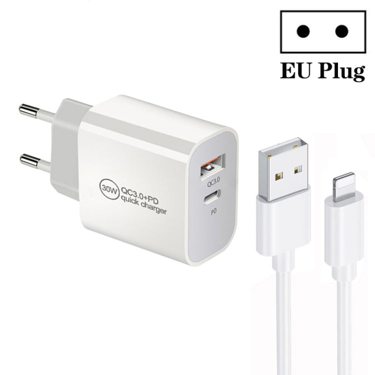PD30W USB-C / Type-C + QC3.0 USB 雙埠充電器附 1米 USB 轉 8 Pin 數據線，歐規插頭，美規插頭，澳規插頭