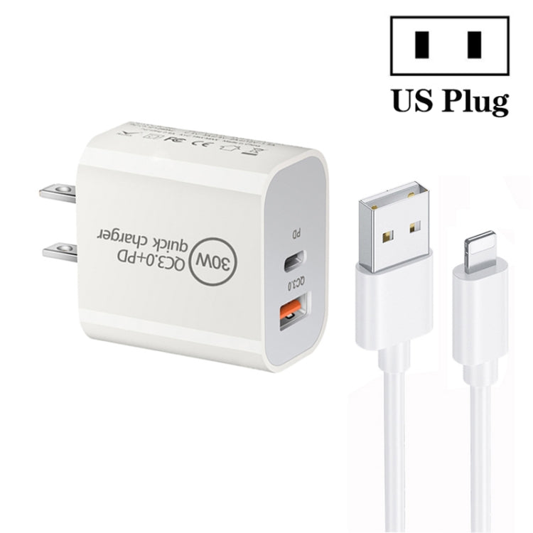 PD30W USB-C / Type-C + QC3.0 USB 雙埠充電器附 1米 USB 轉 8 Pin 數據線，歐規插頭，美規插頭，澳規插頭