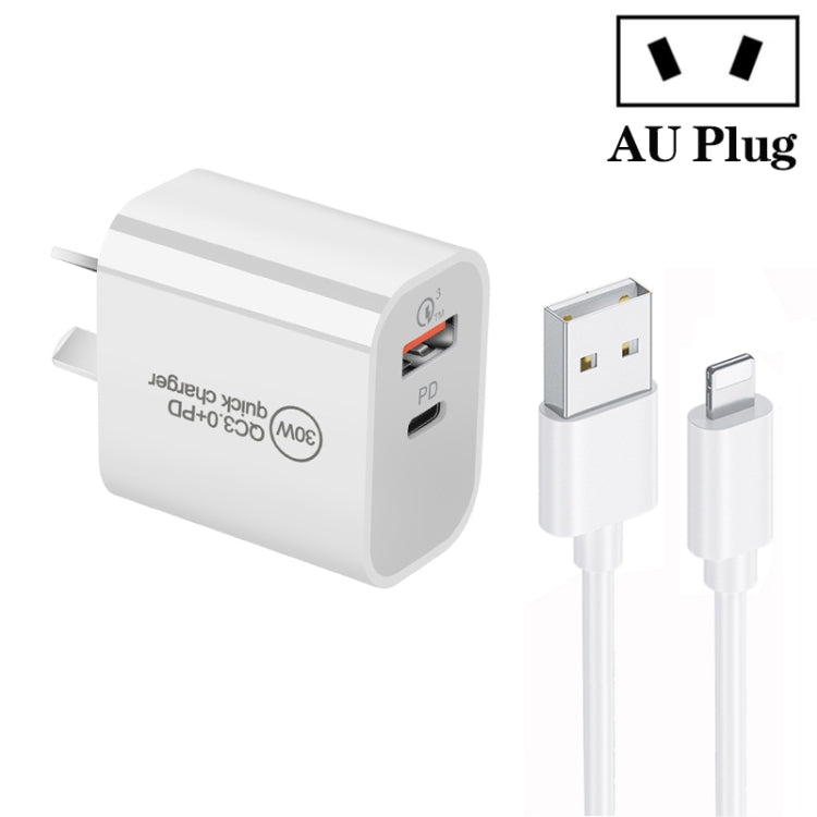PD30W USB-C / Type-C + QC3.0 USB 雙埠充電器附 1米 USB 轉 8 Pin 數據線，歐規插頭，美規插頭，澳規插頭