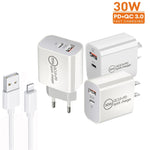 PD30W USB-C / Type-C + QC3.0 USB 雙埠充電器附 1米 USB 轉 8 Pin 數據線，歐規插頭，美規插頭，澳規插頭