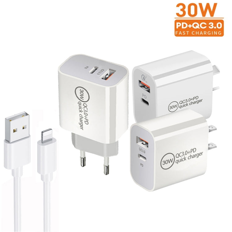 PD30W USB-C / Type-C + QC3.0 USB 雙埠充電器附 1米 USB 轉 8 Pin 數據線，歐規插頭，美規插頭，澳規插頭