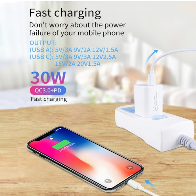 PD30W USB-C / Type-C + QC3.0 USB 雙埠充電器附 1米 USB 轉 8 Pin 數據線，歐規插頭，美規插頭，澳規插頭