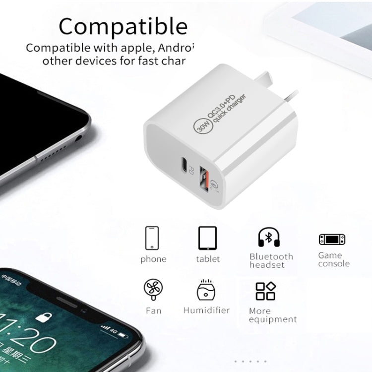 PD30W USB-C / Type-C + QC3.0 USB 雙埠充電器附 1米 USB 轉 8 Pin 數據線，歐規插頭，美規插頭，澳規插頭