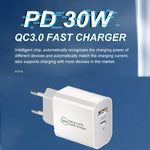 PD30W USB-C / Type-C + QC3.0 USB 雙埠充電器附 1米 USB 轉 8 Pin 數據線，歐規插頭，美規插頭，澳規插頭