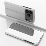 電鍍鏡面橫向翻蓋帶支架皮革手機殼，適用於iPhone 17e / 16e、iPhone 17 Pro Max、iPhone 17 Pro、iPhone 17、iPhone Air、iPhone 16 Pro Max