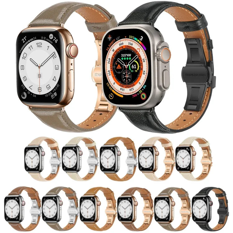 Plain Leather Butterfly Buckle Watch Band, For Apple Watch Series 4 44mm, For Apple Watch Series 4 40mm, For Apple Watch Series 3 38mm, For Apple Watch Series 3 42mm