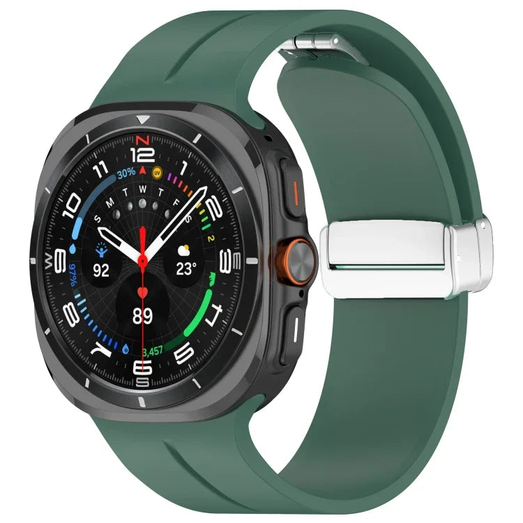 適用於 Samsung Galaxy Watch Ultra 47mm / Ultra 2025 槽紋磁吸折疊銀色錶扣矽膠錶帶