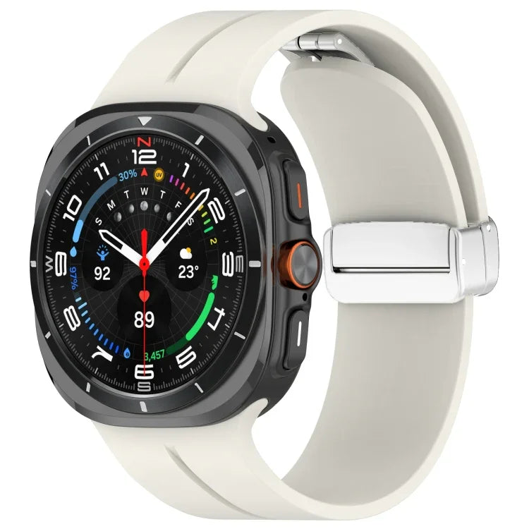 適用於 Samsung Galaxy Watch Ultra 47mm / Ultra 2025 槽紋磁吸折疊銀色錶扣矽膠錶帶