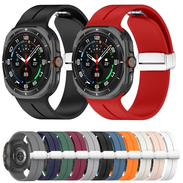 適用於 Samsung Galaxy Watch Ultra 47mm / Ultra 2025 槽紋磁吸折疊銀色錶扣矽膠錶帶