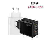 120W 3 PD Type-C 雙 USB 多埠手機充電器，歐規插頭，歐規插頭