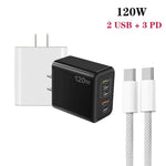 120W PD3.0 三 Type-C 兩 USB 多埠快速充電器，附 Type-C to Type-C 線，US 插頭，US 插頭 + C to C 線
