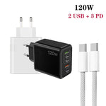 120W PD3.0 三 Type-C 兩 USB 多埠快速充電器，附 Type-C to Type-C 線，EU 插頭，EU 插頭 + C to C 線