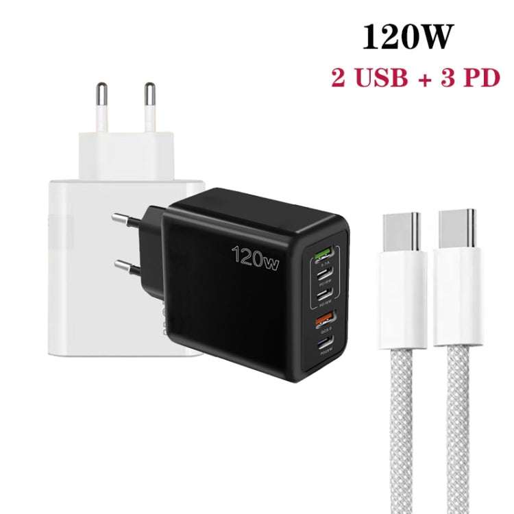 120W PD3.0 三 Type-C 兩 USB 多埠快速充電器，附 Type-C to Type-C 線，EU 插頭，EU 插頭 + C to C 線