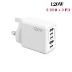120W PD3.0 三個 Type-C 兩個 USB 多埠快速充電器，附 Type-C 對 Type-C 充電線，英規插頭，英規插頭 + C 對 C 充電線