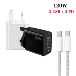 120W PD3.0 三個 Type-C 兩個 USB 多埠快速充電器，附 Type-C 對 Type-C 充電線，英規插頭，英規插頭 + C 對 C 充電線