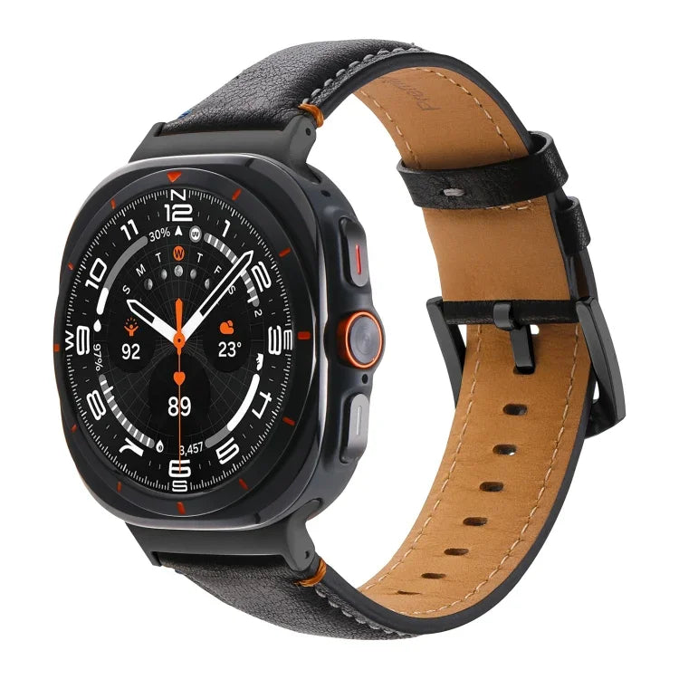 適用於 Samsung Galaxy Watch Ultra 47mm 縫線黑色扣真皮錶帶