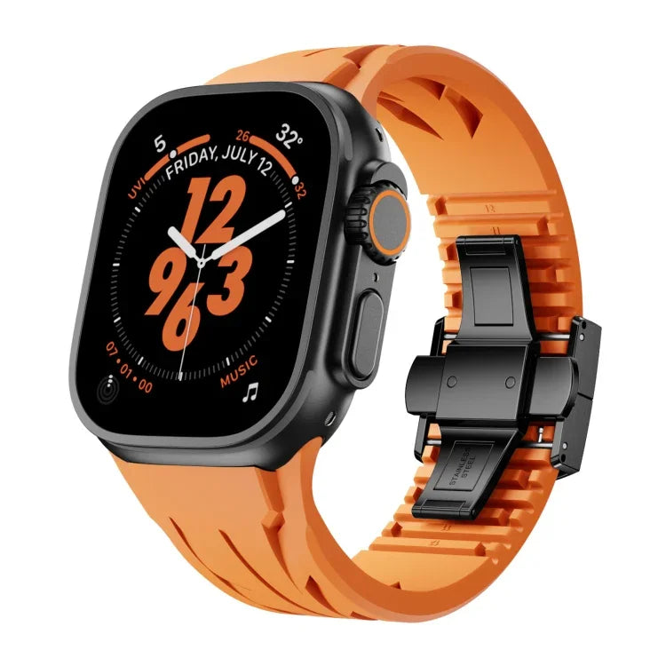 訂製不鏽鋼黑色蝴蝶扣矽膠錶帶，適用於 Apple Watch 44mm / 45mm / 46mm / 49mm