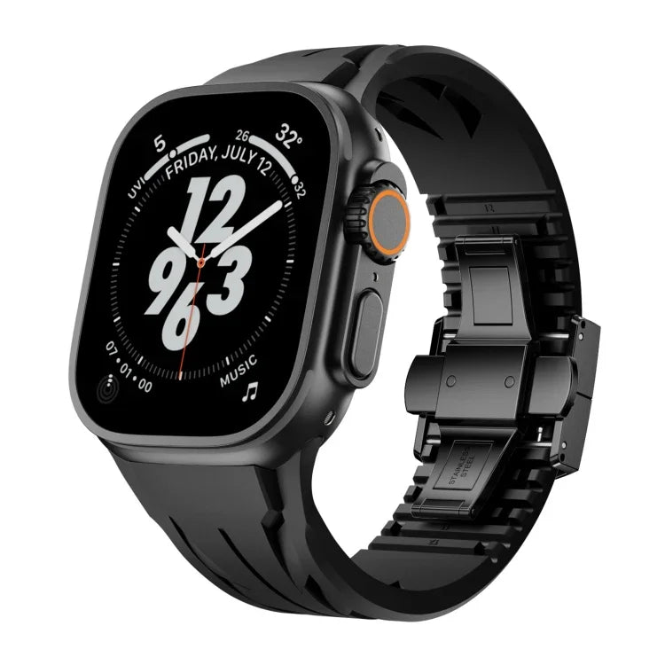 訂製不鏽鋼黑色蝴蝶扣矽膠錶帶，適用於 Apple Watch 44mm / 45mm / 46mm / 49mm