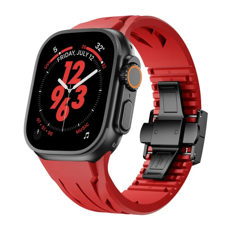 訂製不鏽鋼黑色蝴蝶扣矽膠錶帶，適用於 Apple Watch 44mm / 45mm / 46mm / 49mm