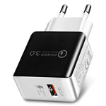 1USB QC 3.0 拉線快速充電器，歐規插頭，QC 3.0 黑色，QC 3.0 白色