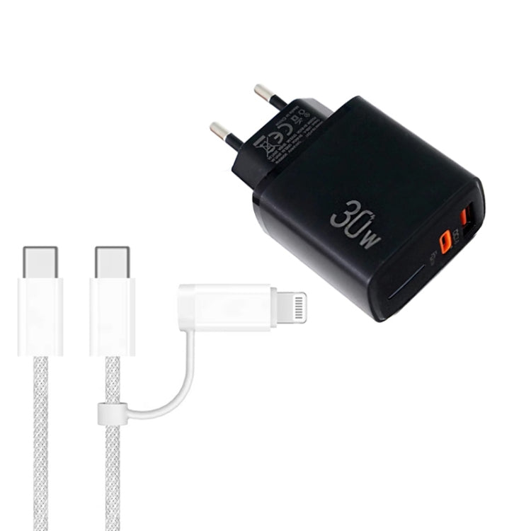 PD31 30W USB-C / Type-C + USB-A 充電器，附 Type-C+8 Pin 二合一數據線，歐規插頭，歐規插頭 + 二合一數據線
