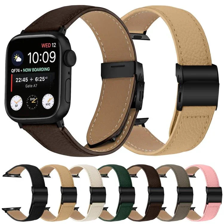 荔枝紋黑色龜背扣皮革錶帶，適用於 Apple Watch 46mm / 49mm / 45mm / 44mm，適用於 Apple Watch 42mm / 41mm / 40mm / 38mm