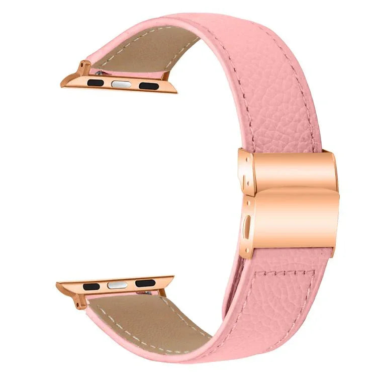荔枝紋玫瑰金龜背扣皮革錶帶，適用於 Apple Watch 46mm / 49mm / 45mm / 44mm，適用於 Apple Watch 42mm / 41mm / 40mm / 38mm
