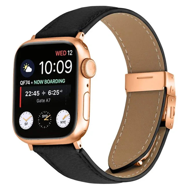 荔枝紋玫瑰金龜背扣皮革錶帶，適用於 Apple Watch 46mm / 49mm / 45mm / 44mm，適用於 Apple Watch 42mm / 41mm / 40mm / 38mm