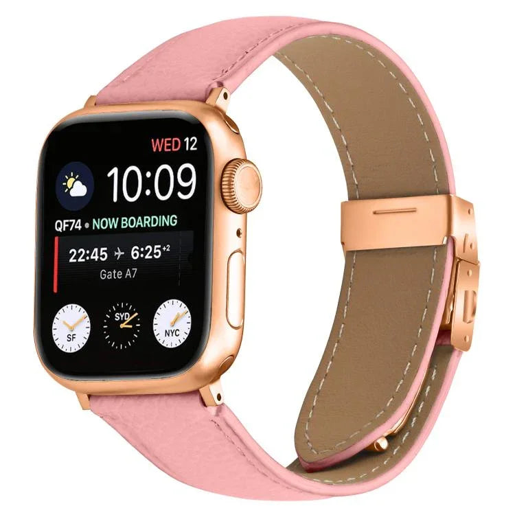 荔枝紋玫瑰金龜背扣皮革錶帶，適用於 Apple Watch 46mm / 49mm / 45mm / 44mm，適用於 Apple Watch 42mm / 41mm / 40mm / 38mm