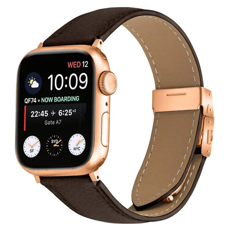 荔枝紋玫瑰金龜背扣皮革錶帶，適用於 Apple Watch 46mm / 49mm / 45mm / 44mm，適用於 Apple Watch 42mm / 41mm / 40mm / 38mm