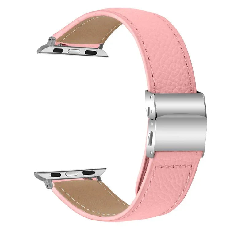 荔枝紋銀色龜背扣皮革錶帶，適用於 Apple Watch 46mm / 49mm / 45mm / 44mm，適用於 Apple Watch 42mm / 41mm / 40mm / 38mm