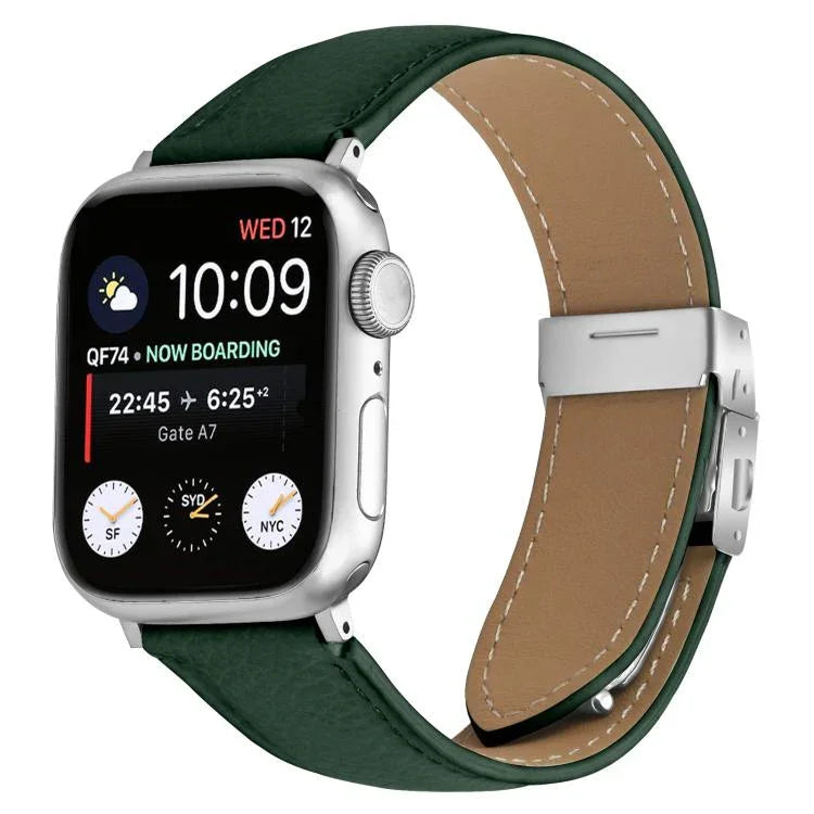 荔枝紋銀色龜背扣皮革錶帶，適用於 Apple Watch 46mm / 49mm / 45mm / 44mm，適用於 Apple Watch 42mm / 41mm / 40mm / 38mm