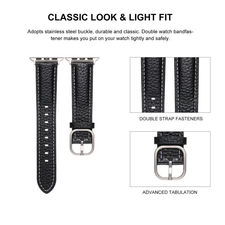 方扣荔枝紋真皮錶帶，適用於Apple Watch 46mm / 49mm / 45mm / 44mm、Apple Watch 42mm / 41mm / 40mm / 38mm
