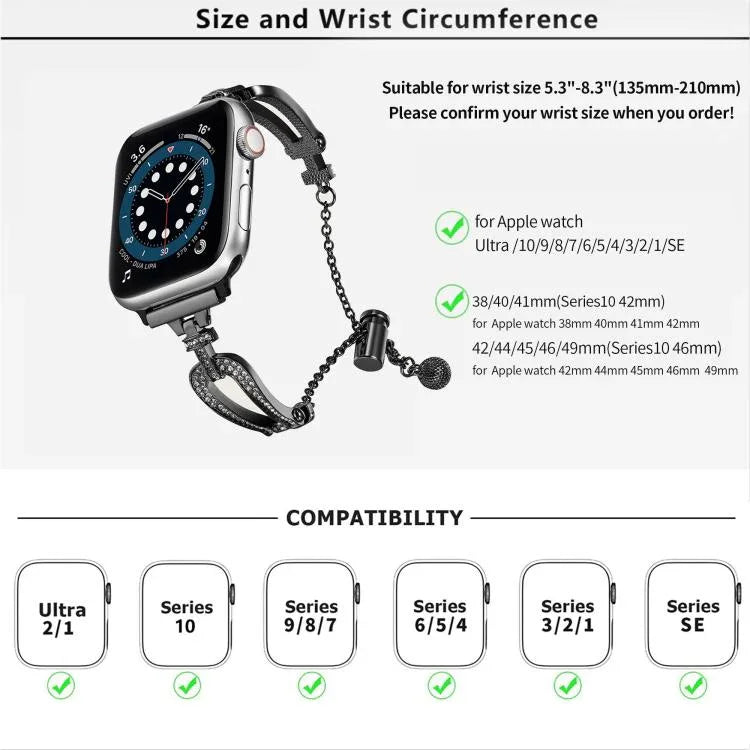 U形鑽石手鍊鋅合金錶帶，適用於 Apple Watch 46mm / 49mm / 45mm / 44mm，適用於 Apple Watch 42mm / 41mm / 40mm / 38mm