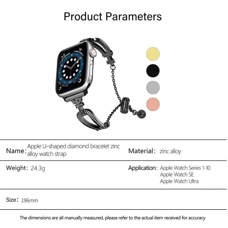 U形鑽石手鍊鋅合金錶帶，適用於 Apple Watch 46mm / 49mm / 45mm / 44mm，適用於 Apple Watch 42mm / 41mm / 40mm / 38mm