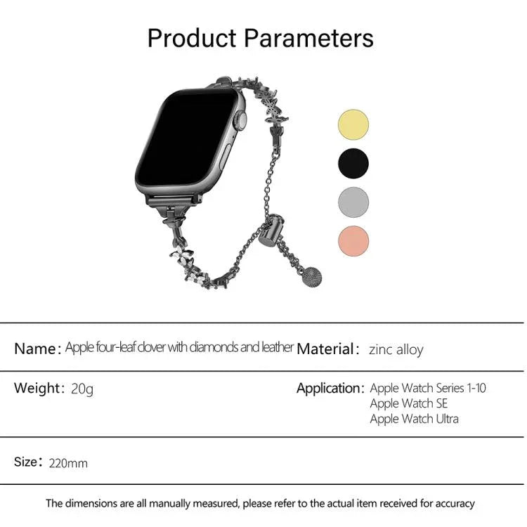四葉草鑽石鋅合金錶帶，適用於Apple Watch 46mm / 49mm / 45mm / 44mm，適用於Apple Watch 42mm / 41mm / 40mm / 38mm