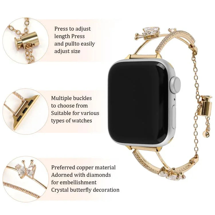 銅鑲嵌蝴蝶鋯石手鍊錶帶，適用於 Apple Watch 46mm / 49mm / 45mm / 44mm，適用於 Apple Watch 42mm / 41mm / 40mm / 38mm
