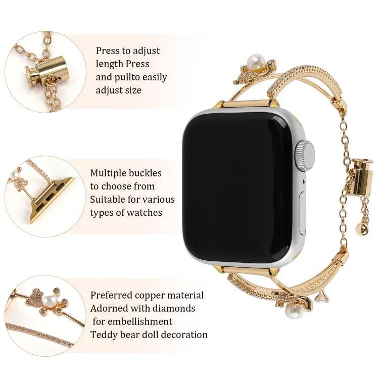 銅鑲嵌熊造型鋯石手鍊錶帶，適用於 Apple Watch 46mm / 49mm / 45mm / 44mm，適用於 Apple Watch 42mm / 41mm / 40mm / 38mm