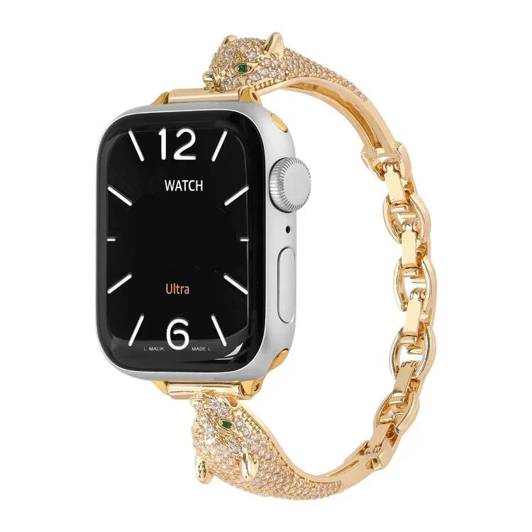 銅鑲鋯石豹頭錶帶，適用於 Apple Watch 46mm / 49mm / 45mm / 44mm，適用於 Apple Watch 42mm / 41mm / 40mm / 38mm