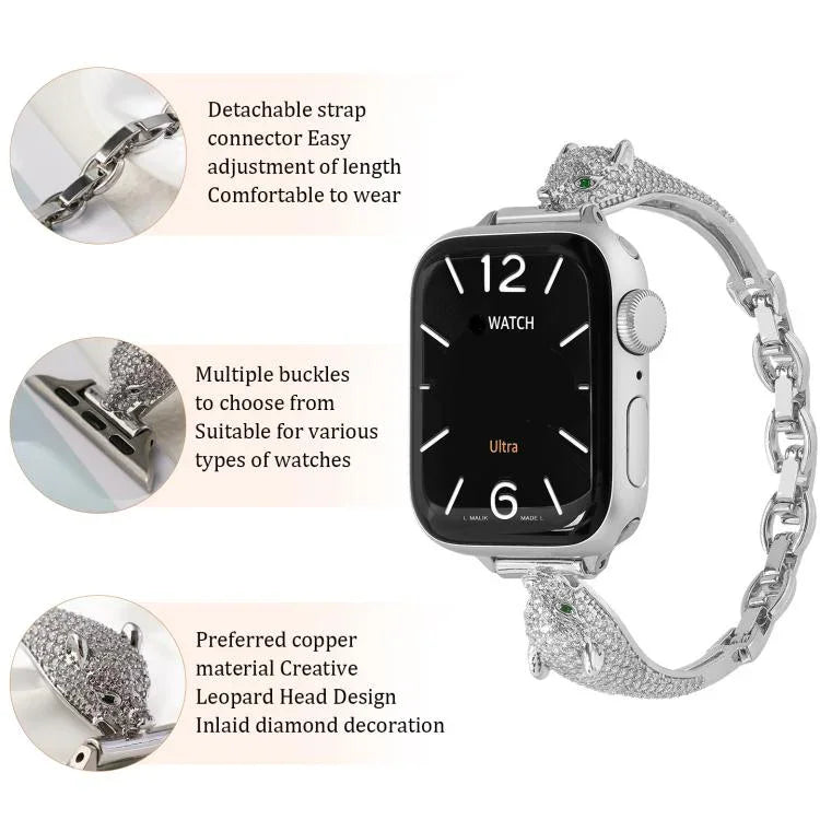 銅鑲鋯石豹頭錶帶，適用於 Apple Watch 46mm / 49mm / 45mm / 44mm，適用於 Apple Watch 42mm / 41mm / 40mm / 38mm