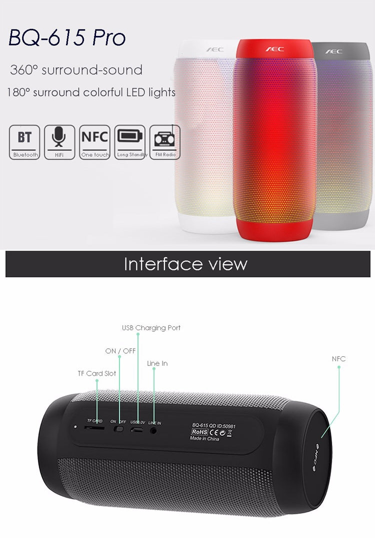 BQ615 PRO 彩色 LED 無線 HiFi 立體聲喇叭，結合藍牙 + TF 卡播放器 + FM 收音機 + AUX + NFC，BQ615 PRO