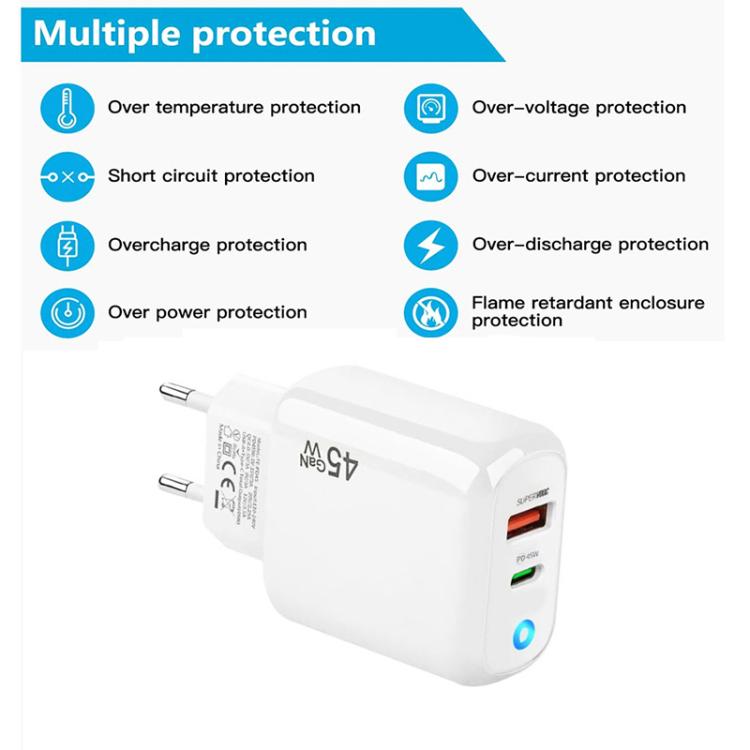 GaN 45W PD3.0 + QC3.0 完全相容協議筆記型電腦 / 平板充電器，歐規插頭，歐規插頭