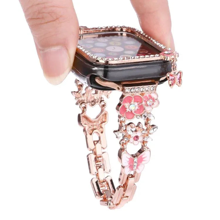流蘇花朵單鑽鏤空錶殼錶帶套件，適用於 Apple Watch Series 6 / 5 / 4 & SE 44mm，適用於 Apple Watch Series 6 / 5 / 4 & SE 40mm，適用於 Apple Watch Series 10 / 11 46mm，適用於 Apple Watch Series 10 / 11 42mm
