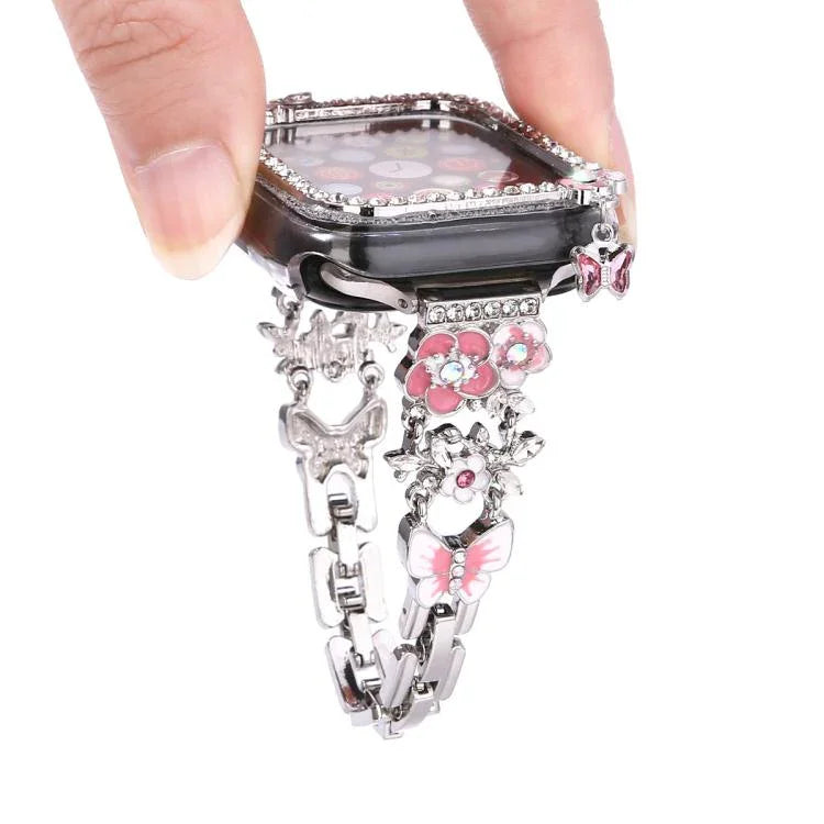流蘇花朵單鑽鏤空錶殼錶帶套件，適用於 Apple Watch Series 6 / 5 / 4 & SE 44mm，適用於 Apple Watch Series 6 / 5 / 4 & SE 40mm，適用於 Apple Watch Series 10 / 11 46mm，適用於 Apple Watch Series 10 / 11 42mm