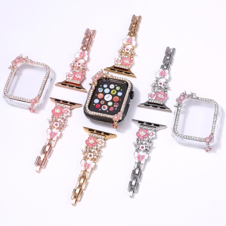 流蘇花朵單鑽鏤空錶殼錶帶套件，適用於 Apple Watch Series 6 / 5 / 4 & SE 44mm，適用於 Apple Watch Series 6 / 5 / 4 & SE 40mm，適用於 Apple Watch Series 10 / 11 46mm，適用於 Apple Watch Series 10 / 11 42mm