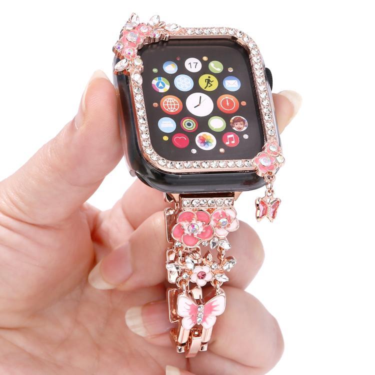 流蘇花朵單鑽鏤空錶殼錶帶套件，適用於 Apple Watch Series 6 / 5 / 4 & SE 44mm，適用於 Apple Watch Series 6 / 5 / 4 & SE 40mm，適用於 Apple Watch Series 10 / 11 46mm，適用於 Apple Watch Series 10 / 11 42mm
