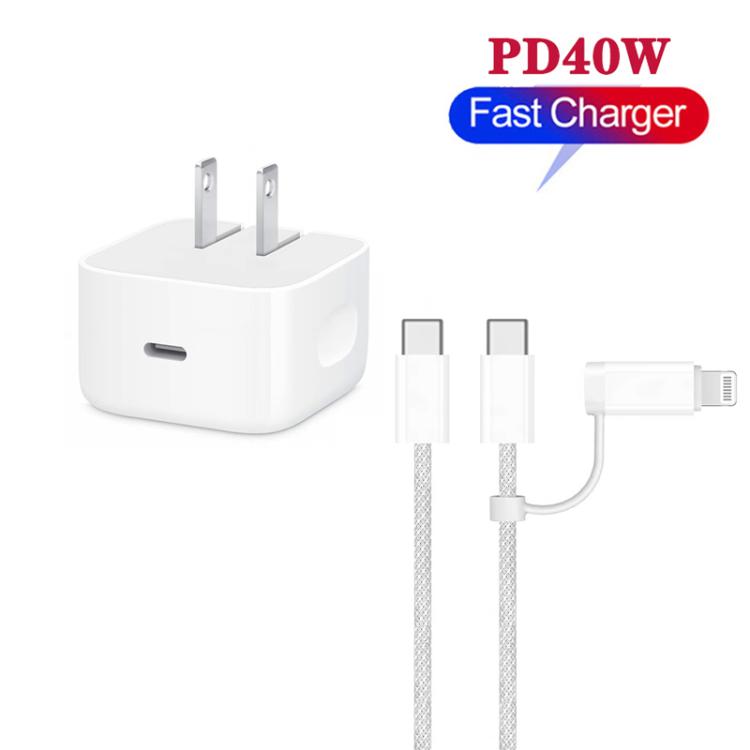 A3365 PD40W USB-C / Type-C 充電器，附Type-C對Type-C / 8 Pin數據線，美規插頭，美規插頭 + 1米二合一線