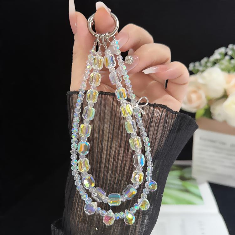 閃亮合金蝴蝶結水晶雙層手機鍊，橢圓水晶、墊形圓水晶、輪形水晶、方糖水晶、花球水晶、草莓水晶