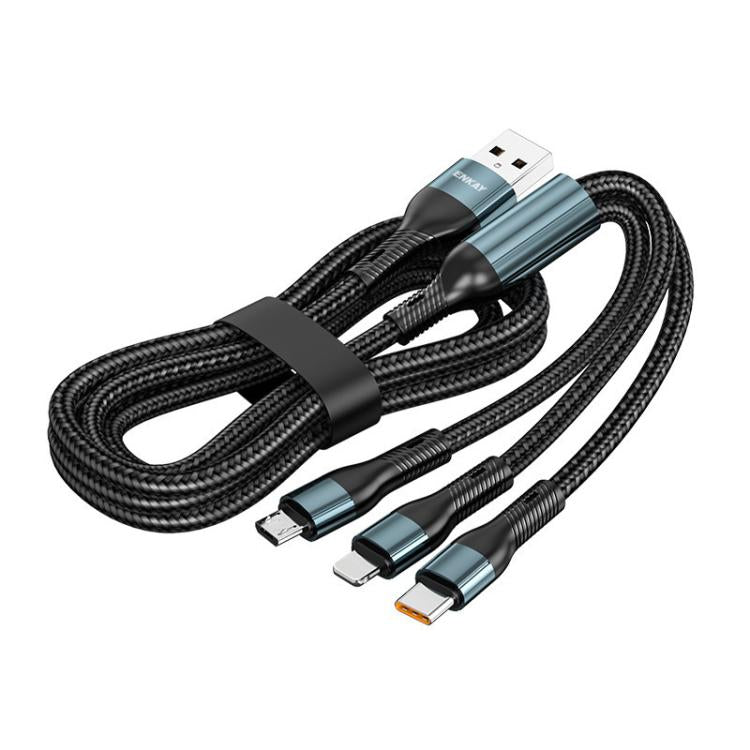 ENKAY 三合一 120W USB 對 8 Pin / Type-C / Micro USB 尼龍編織快充線，長度：1.2米，ENK-CB184